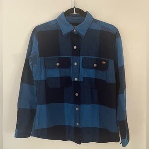 Dickies Flannel Shirt Jacket Shacket Snap Button Plaid Blue/Black Elbow Patch XS